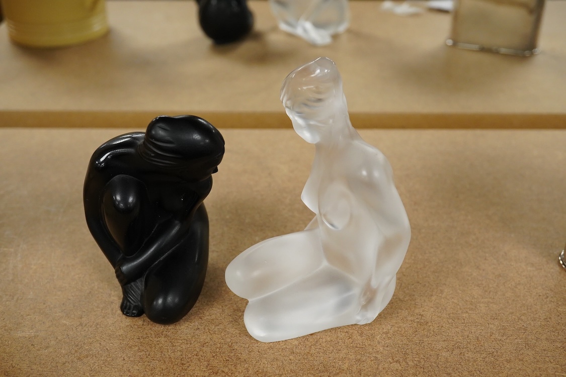 A Lalique opaque black glass Venus, and another in frosted glass, latter 11.5cm